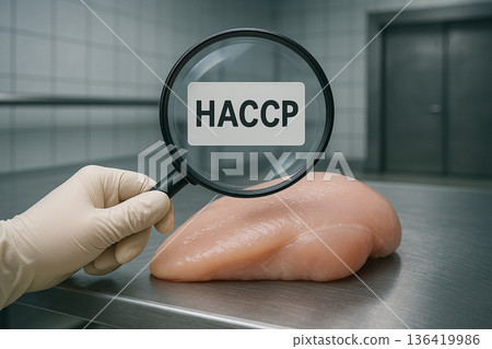 Chicken breast under HACCP inspection with magnifying glass highlighting food safety and hygiene in a clean stainless steel food facility lab 136419986