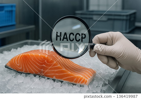 Fresh salmon fillet on ice under HACCP inspection with magnifying glass in a cold chain food plant ensuring seafood safety and compliance procedures Fresh salmon fillet on ice under HACCP inspection with magnifying glass in a cold chain food plant ensuring seafood safety and compliance procedures 136419987
