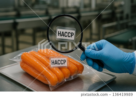Vacuum-packed carrots under HACCP magnifying glass inspection highlighting packaging control and food safety compliance in a production facility Vacuum-packed carrots under HACCP magnifying glass inspection highlighting packaging control and food safety compliance in a production facility 136419989