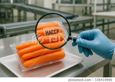 Closeup of vacuum sealed carrots inspected with magnifying glass labeled HACCP in a food safety facility ensuring compliance and quality assurance protocols Closeup of vacuum sealed carrots inspected with magnifying glass labeled HACCP in a food safety facility ensuring compliance and quality assurance protocols 136419990