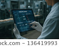 Engineer using tablet displaying HACCP control panel with temperature logs and alerts during food safety monitoring in a clean and controlled processing area 136419993
