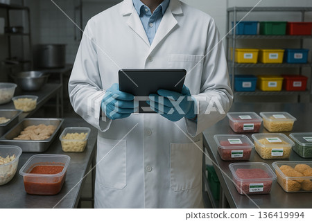 Visual contrast of food safety before and after HACCP implementation with engineer monitoring compliance using digital tablet in food production facility 136419994