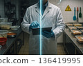 Visual contrast of food safety before and after HACCP implementation with engineer monitoring compliance using digital tablet in food production facility 136419995