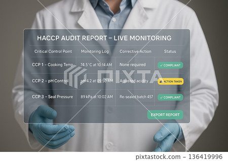 Food safety engineer monitoring live HACCP audit report with critical control points, corrective actions, and compliance status on transparent screen. 136419996