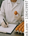 Food safety inspector wearing gloves holding brown egg and recording notes on clipboard during quality inspection at production facility. 136419997