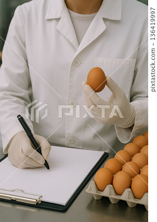 Food safety inspector wearing gloves holding brown egg and recording notes on clipboard during quality inspection at production facility. 136419997