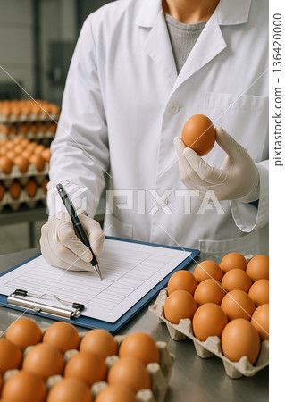 Food safety inspector recording data on clipboard while holding fresh brown egg for quality assessment in industrial egg processing plant. Food safety inspector recording data on clipboard while holding fresh brown egg for quality assessment in industrial egg processing plant. 136420000