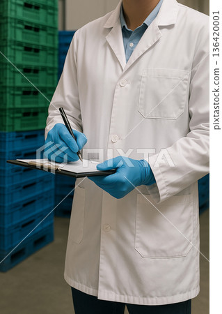 Food safety inspector in white coat and blue gloves writing notes on clipboard during audit and inspection in a food storage facility with stacked crates. Food safety inspector in white coat and blue gloves writing notes on clipboard during audit and inspection in a food storage facility with stacked crates. 136420001
