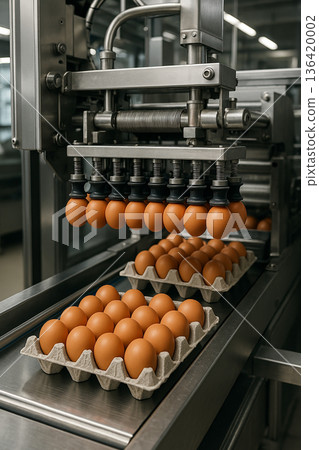 Automated food processing machine placing fresh brown eggs in trays for packaging under HACCP guidelines in an industrial egg facility Automated food processing machine placing fresh brown eggs in trays for packaging under HACCP guidelines in an industrial egg facility 136420002