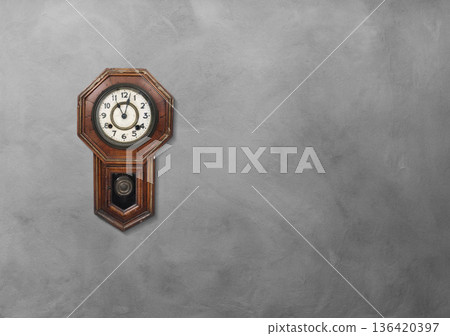 Classic wall clock, wooden clock on a cement wall. Classic wall clock, wooden clock on a cement wall. 136420397