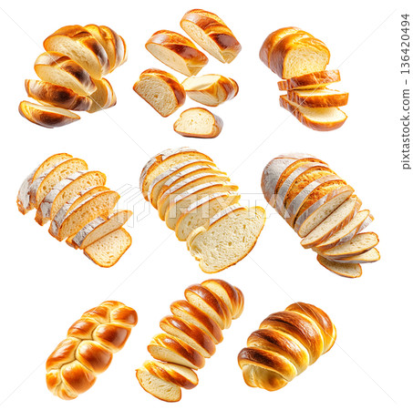 Assorted challah bread loaves and slices in style on white background, concept of traditional baking and fresh bakery 136420494