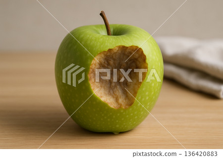 Food spoilage in green apple due to mechanical damage and enzymatic browning indicating degradation processes related to storage conditions and quality loss 136420883
