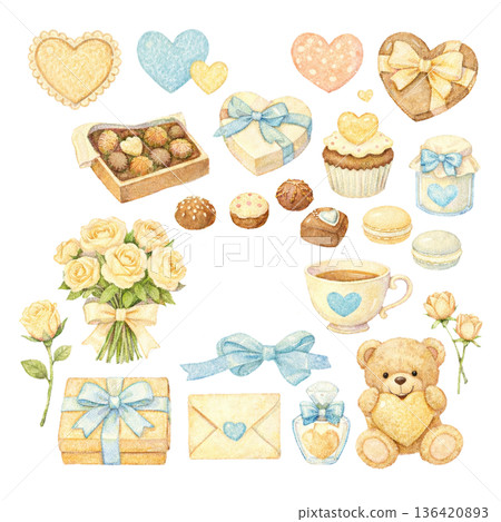 水彩禮品組（心型、花束、緞帶、小熊） 136420893