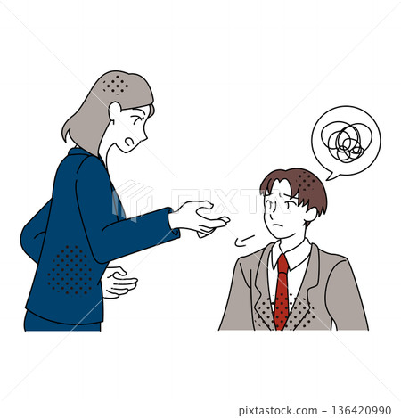 商務對話插圖，展現了一位女老闆和一位男員工之間的分歧。 136420990