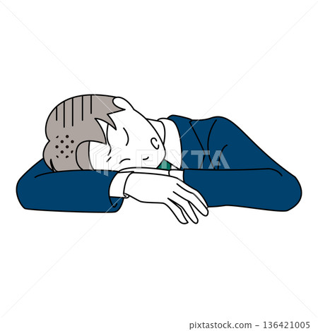 Illustration of a tired businessman lying face down on his desk 136421005