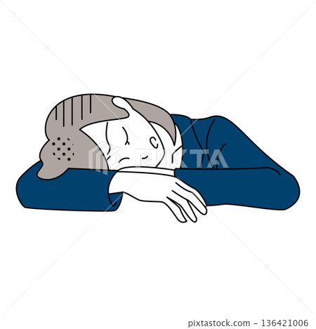 Illustration of a tired businesswoman lying face down on her desk 136421006
