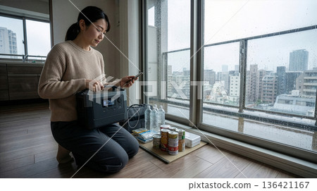 下雨天，一位日本婦女在家中檢查她的防災物資和便攜式電源。 136421167
