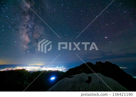 Mt. Chokai and the summer Milky Way, and the city lights of the Shonai Plain Mt. Chokai and the summer Milky Way, and the city lights of the Shonai Plain 136421190