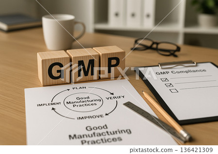 GMP: Good Manufacturing Practices implementation cycle diagram with plan, verify, improve, and implement stages displayed alongside compliance checklist and office supplies 136421309