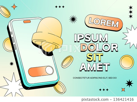smartphone concept with notification bell and flying gold coins smartphone concept with notification bell and flying gold coins 136421416