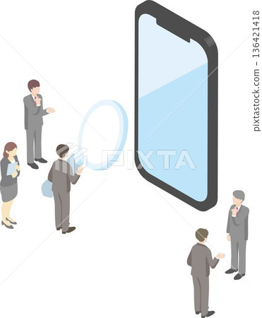 智慧型手機和商務團隊的等距視角圖片。應用程式開發、行動行銷 136421418