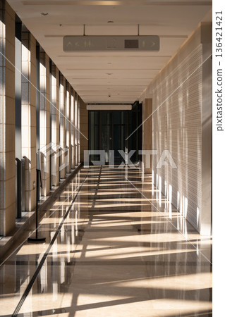 Modern architectural interior corridor and light and shadow patterns 136421421