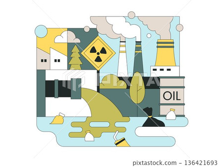 Water Pollution Vector Illustration an Environmental Disaster Caused by Industrial Activity Featuring a Factory Releasing Smoke From Tall Chimneys 136421693