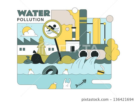Water Pollution Vector Illustration an Environmental Disaster Caused by Industrial Activity Featuring a Factory Releasing Smoke From Tall Chimneys Water Pollution Vector Illustration an Environmental Disaster Caused by Industrial Activity Featuring a Factory Releasing Smoke From Tall Chimneys 136421694