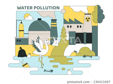 Water Pollution Vector Illustration an Environmental Disaster Caused by Industrial Activity Featuring a Factory Releasing Smoke From Tall Chimneys 136421697