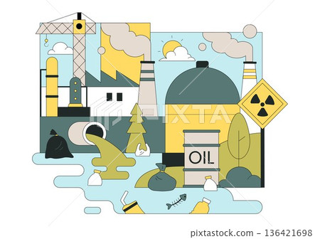 Water Pollution Vector Illustration an Environmental Disaster Caused by Industrial Activity Featuring a Factory Releasing Smoke From Tall Chimneys 136421698