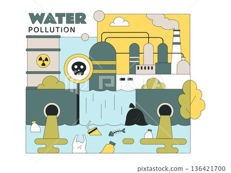 Water Pollution Vector Illustration an Environmental Disaster Caused by Industrial Activity Featuring a Factory Releasing Smoke From Tall Chimneys 136421700