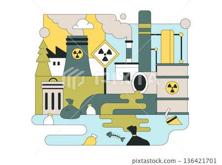 Water Pollution Vector Illustration an Environmental Disaster Caused by Industrial Activity Featuring a Factory Releasing Smoke From Tall Chimneys 136421701