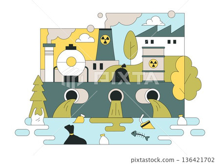 Water Pollution Vector Illustration an Environmental Disaster Caused by Industrial Activity Featuring a Factory Releasing Smoke From Tall Chimneys 136421702