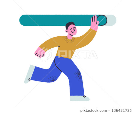 Almost done scene with character dragging slider on loading bar, progress concept in digital interface. Flat cartoon vector illustration, completion stage, user experience, workflow and transition 136421725