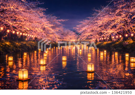 春夜櫻花盛開，燈籠漂浮，景色美不勝收。 136421950