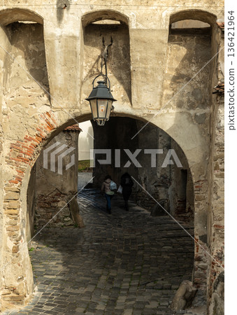 Clock Tower and Historic Gateway in Medieval Sighisoara Citadel Romania 136421964