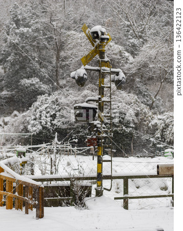 一個被雪覆蓋的舊鐵路道口警報器 136422123