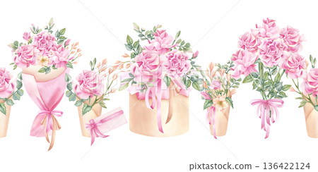 Flower bunch in gift box seamless border. Watercolor repeat rose bouquet in packaging, pink bow, craft paper. Floral festive wrap pack. Delicate isolated illustration for florists shop design. 136422124