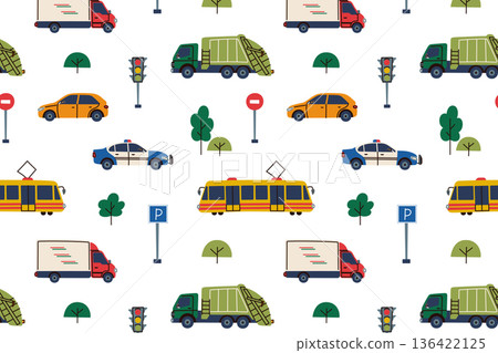 Cute seamless city transport pattern with cars, tram, police vehicle, garbage truck, delivery truck, trees and road signs. Flat cartoon vector illustration for kids design, traffic safety urban mood 136422125