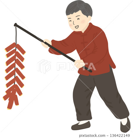 Cute illustration of a boy holding a string of red firecrackers for decoration during Chinese New Year. 136422149