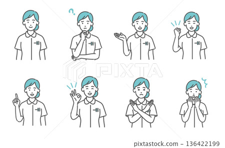 一組8件女性護理師的臉部表情和姿勢（微笑、詢問、指導、鼻胃管等） 136422199