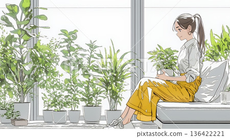 照顧室內植物的年輕女人 136422221