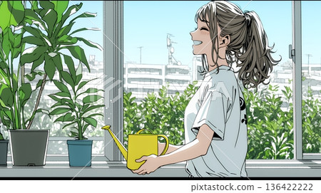 Young woman taking care of houseplants Young woman taking care of houseplants 136422222