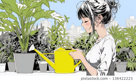 Young woman taking care of houseplants Young woman taking care of houseplants 136422223