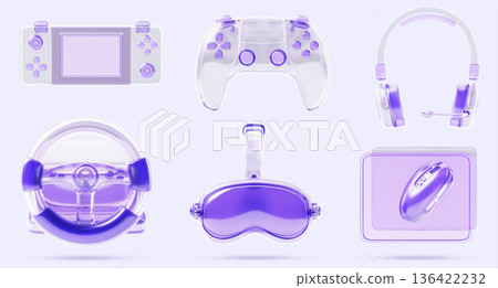 Video game 3d render icon set with transparent purple design. Glass holographic transparent gamepad joystick, handheld console, racing wheel, vr headset, headphones, computer mouse. 3D illustration Video game 3d render icon set with transparent purple design. Glass holographic transparent gamepad joystick, handheld console, racing wheel, vr headset, headphones, computer mouse. 3D illustration 136422232