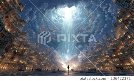 A fantastic fantasy landscape of a pillar of light and a human figure pouring down into the center of a sky city 136422371