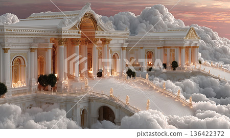 Fantasy architectural illustration of a luxurious white and gold palace floating in a sea of clouds 136422372