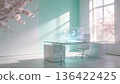 Minimalist futuristic office with spring morning sun shining through | Hologram and copy space 136422425