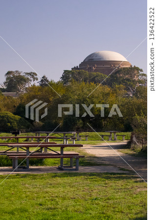 Planetarium dome and park benches San Francisco Planetarium dome and park benches San Francisco 136422522