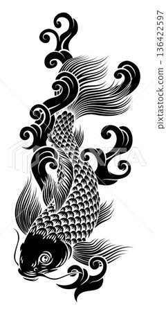 Koi Carp Fish Vintage Japanese Woodcut Style Art Koi Carp Fish Vintage Japanese Woodcut Style Art 136422597